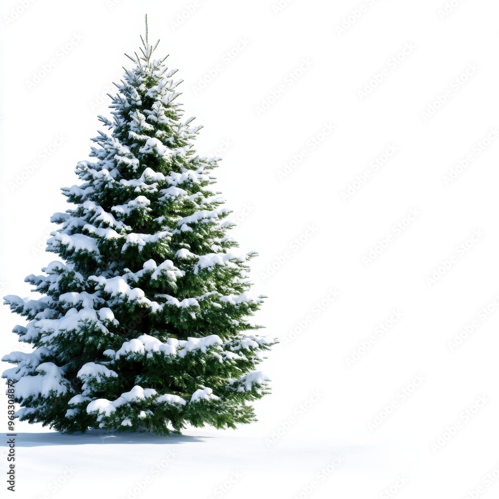 A beautiful snow-covered pine tree stands alone against a bright white background, evoking a serene winter atmosphere. A beautiful snow-covered pine tree stands alone against a bright white background, evoking a serene winter atmosphere.