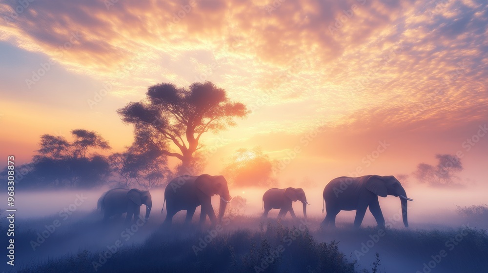 Obraz premium A group of elephants walking through a misty morning landscape, with the rising sun casting a soft light.