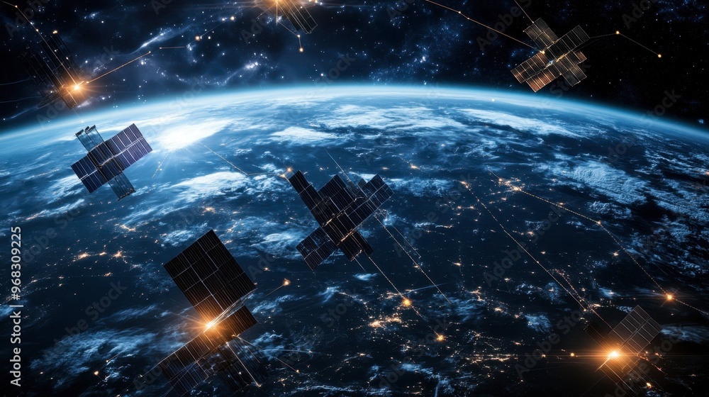 Obraz premium A group of satellites in geostationary orbit, forming a communication network around the planet.