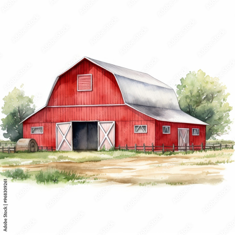 Rustic Red Barn Illustration in Countryside Landscape - Perfect for Agricultural Themes and Farmhouse Decor Rustic Red Barn Illustration in Countryside Landscape - Perfect for Agricultural Themes and Farmhouse Decor