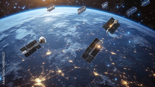 A group of satellites in geostationary orbit, forming a communication network around the planet. photo