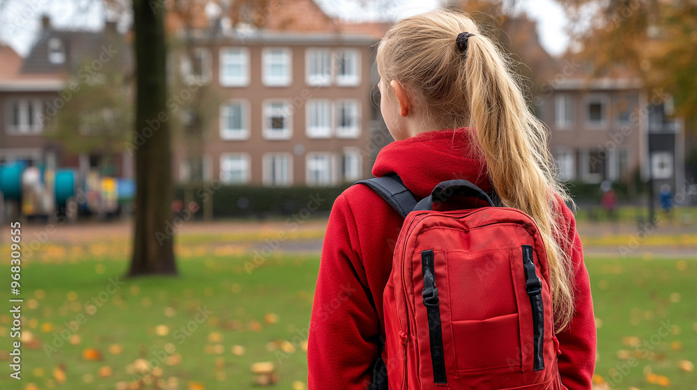Back view of a teenage girl in school uniform, standing in a classroom. Symbolizes youth, education, and the journey of learning and personal growth Back view of a teenage girl in school uniform, standing in a classroom. Symbolizes youth, education, and the journey of learning and personal growth