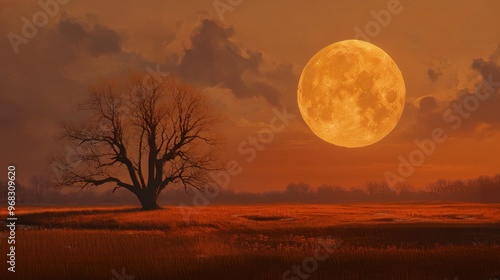 A harvest Moon low on the horizon, glowing orange and large in the twilight sky.