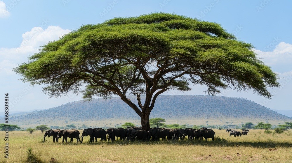 A herd of elephants resting under the shade of a large acacia tree during the heat of the day.