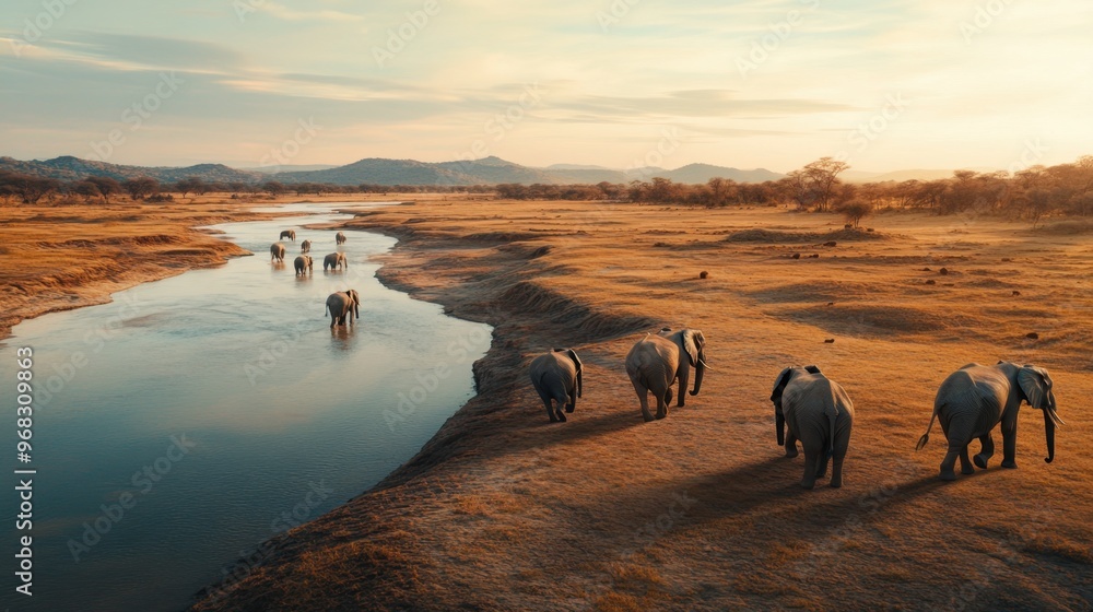 custom made wallpaper toronto digitalA herd of elephants walking along a dry riverbed, with the landscape stretching out before them.