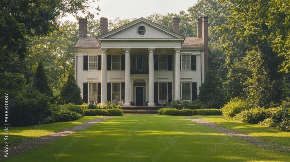 A historic colonial house with tall columns, shutters on the windows, and a large front lawn.