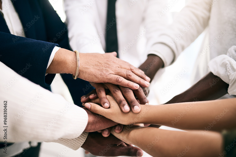 Obraz premium Team building, hands and business people in circle for support, mission or motivation for goal in office. Group, closeup or together in huddle for community, connection or partnership for cooperation