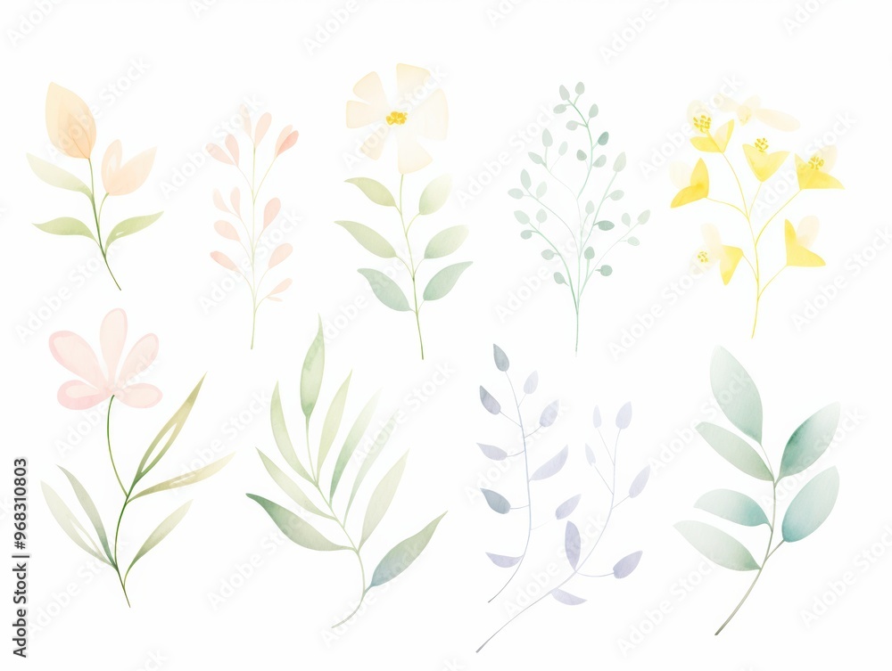 A collection of beautiful pastel floral illustrations, showcasing delicate flowers and leaves in a soft, elegant style. A collection of beautiful pastel floral illustrations, showcasing delicate flowers and leaves in a soft, elegant style.