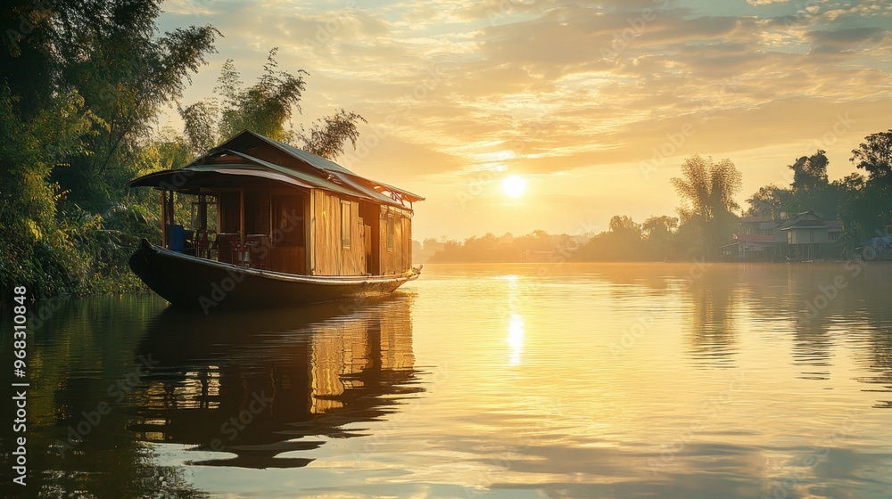 Fototapeta premium A houseboat floating on a calm river, with the sun setting in the background.