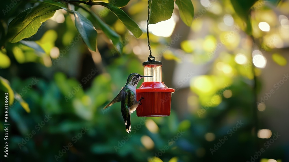 A hummingbird feeder hanging in a garden, with a hummingbird drinking nectar from the bright red container. A hummingbird feeder hanging in a garden, with a hummingbird drinking nectar from the bright red container.