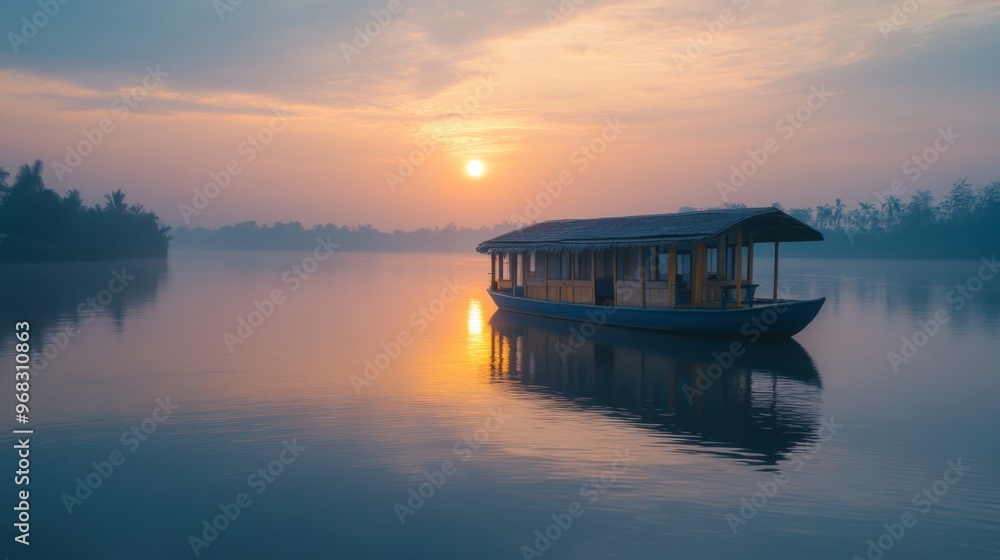 A houseboat floating on a calm river, with the sun setting in the background. A houseboat floating on a calm river, with the sun setting in the background.