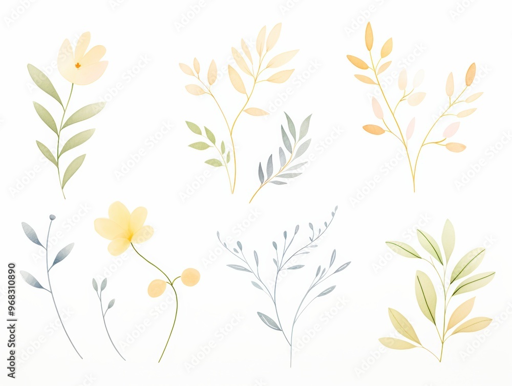 Naklejka premium A collection of delicate hand-painted floral illustrations showcasing soft yellow and green hues on a light background.