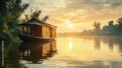 A houseboat floating on a calm river, with the sun setting in the background. photo