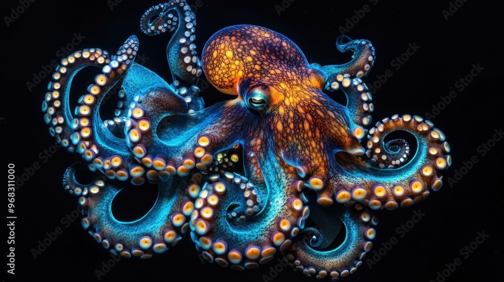 Fototapeta premium A Vivid Blue and Orange Octopus with Multiple Tentacles