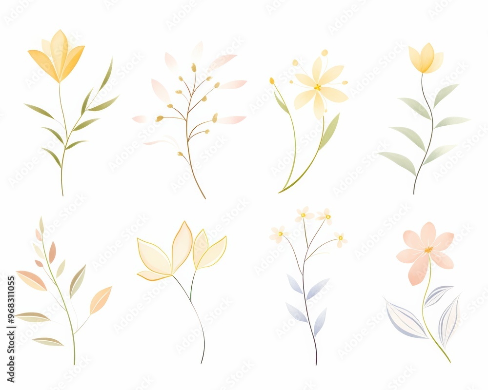 A collection of soft pastel flowers and foliage, perfect for adding a touch of elegance and nature to any design. A collection of soft pastel flowers and foliage, perfect for adding a touch of elegance and nature to any design.