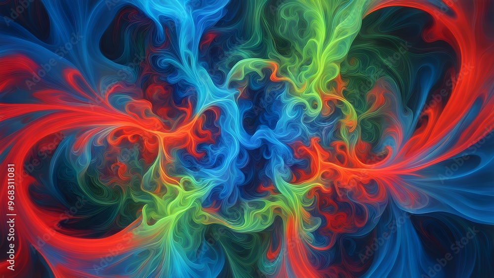 Abstract swirling pattern of red, blue, and green colors on a black background.