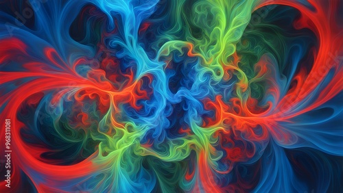 Abstract swirling pattern of red, blue, and green colors on a black background.