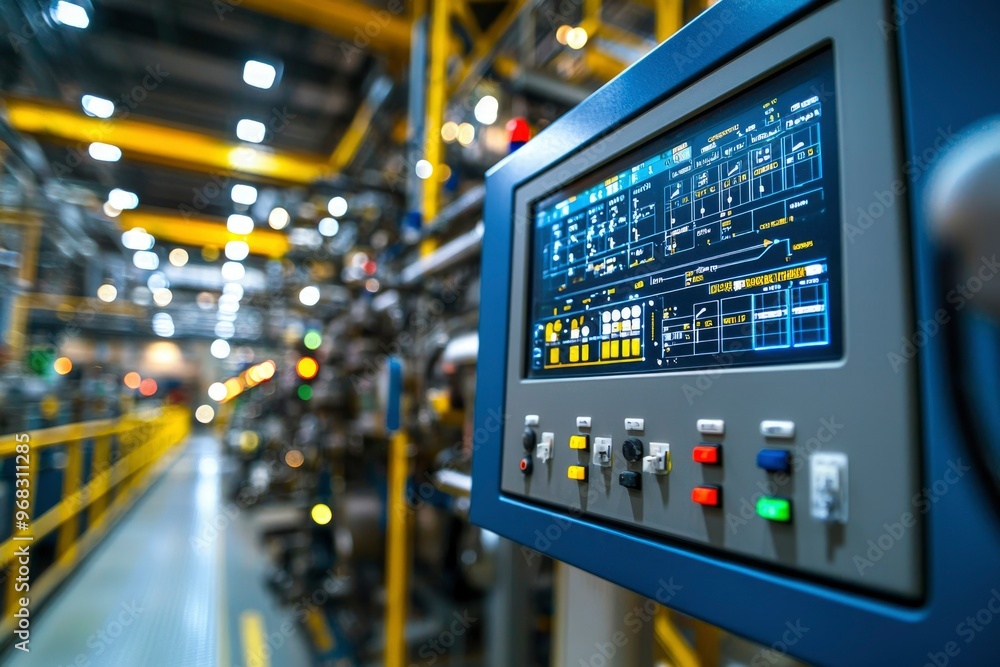 Naklejka premium Industrial Control Panel with Display and Buttons in a Factory Setting