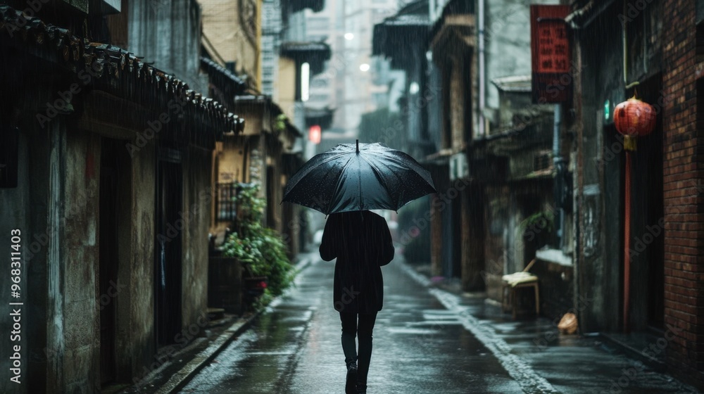 A lone person walking with an umbrella down a quiet, rain-soaked alleyway. A lone person walking with an umbrella down a quiet, rain-soaked alleyway.