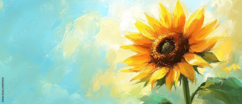 Obraz premium A Single Sunflower Facing the Sun in a Painted Landscape