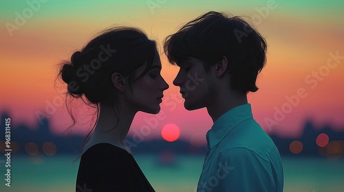 Silhouetted couple against romantic sunset background capturing love, connection, and serenity with a soft gradient of pastel colors creating dreamlike ambiance for designs and emotional storytelling
