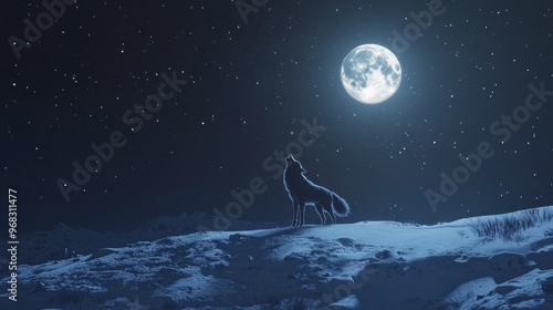 A lone wolf standing on a snowy hill, howling at the full moon under a starry night sky.