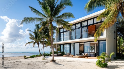 A luxury beachfront house with large windows offering ocean views, surrounded by palm trees.