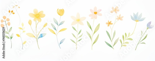 A delicate collection of hand-drawn flowers in soft pastel colors, perfect for spring-themed designs and artistic projects.