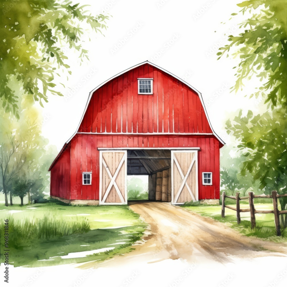 Picturesque Illustration of a Red Barn in a Green Countryside - Ideal for Rural and Farming Themes Picturesque Illustration of a Red Barn in a Green Countryside - Ideal for Rural and Farming Themes