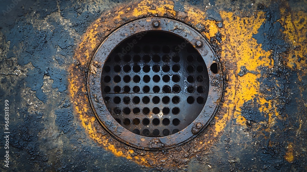 Rusty metal hatch with round grate, close up texture Rusty metal hatch with round grate, close up texture