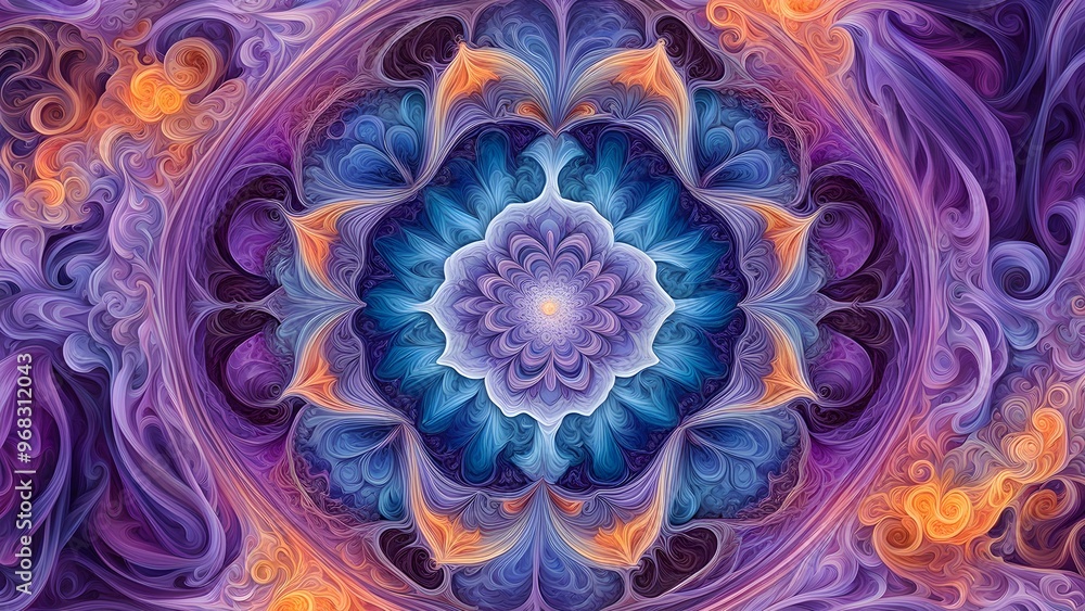 Abstract mandala with swirling colors and patterns in purple, blue, and orange. Abstract mandala with swirling colors and patterns in purple, blue, and orange.