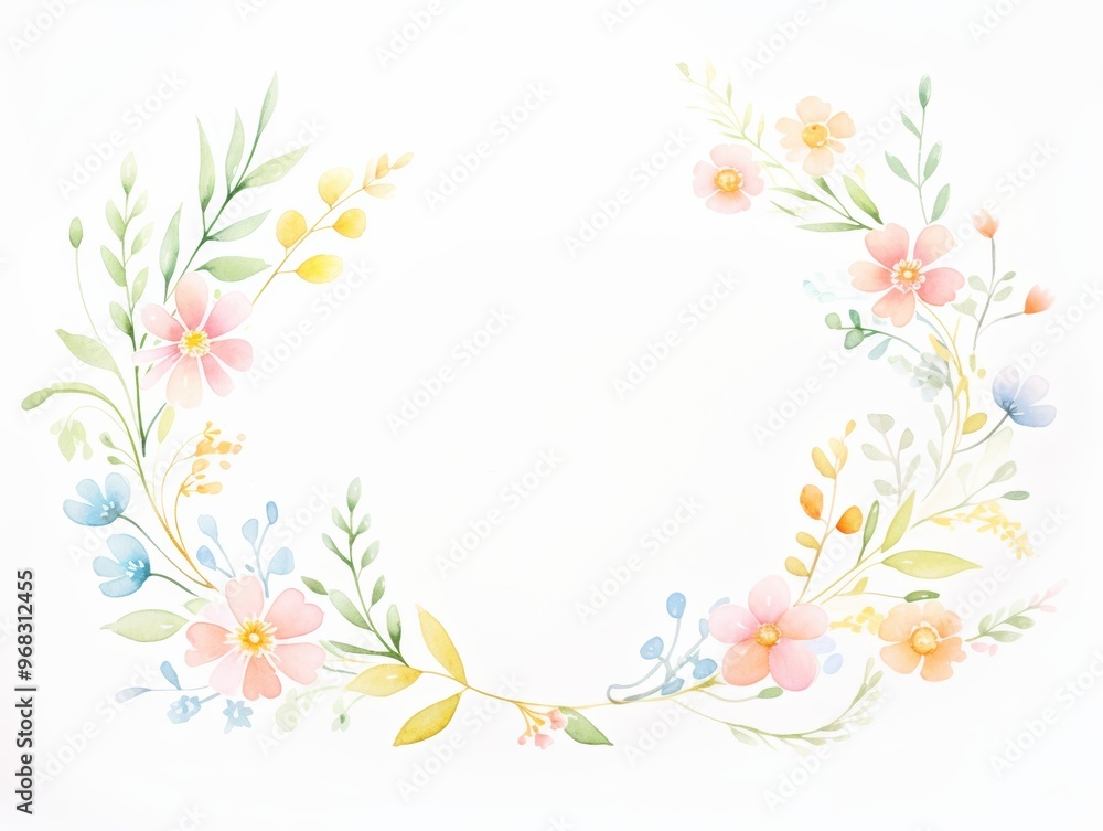 A delicate floral wreath design featuring soft pastel colors and elegant foliage, perfect for invitations and decorations. A delicate floral wreath design featuring soft pastel colors and elegant foliage, perfect for invitations and decorations.