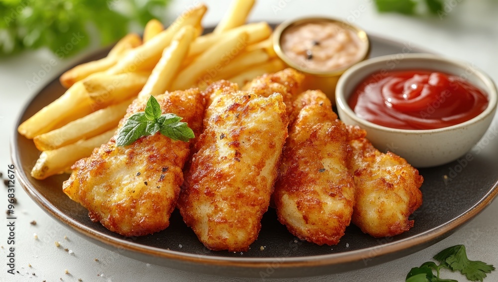 Crispy Fried Fish and Fries with Dipping Sauces Crispy Fried Fish and Fries with Dipping Sauces