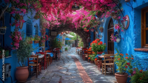 A charming cafe with an archway, featuring cozy tables, chairs, and an ornamental planter, perfect for a romantic coffee break in a quaint setting. photo