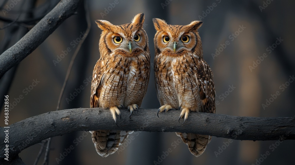 A pair of owls perched together on a branch, their heads turned in unison as they listen to the night.