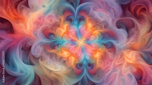 Abstract swirling pattern in shades of pink, blue, and orange.