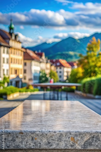 Empty stone table top with blurred cityscape and mountains in the background. Generative AI