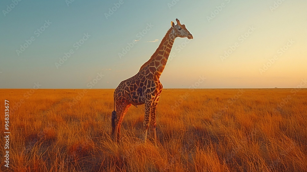 Obraz premium Lone Giraffe Standing Majestically in the Open Landscape at Sunset