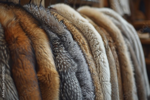 A display of various fur coats hanging on a rack. photo