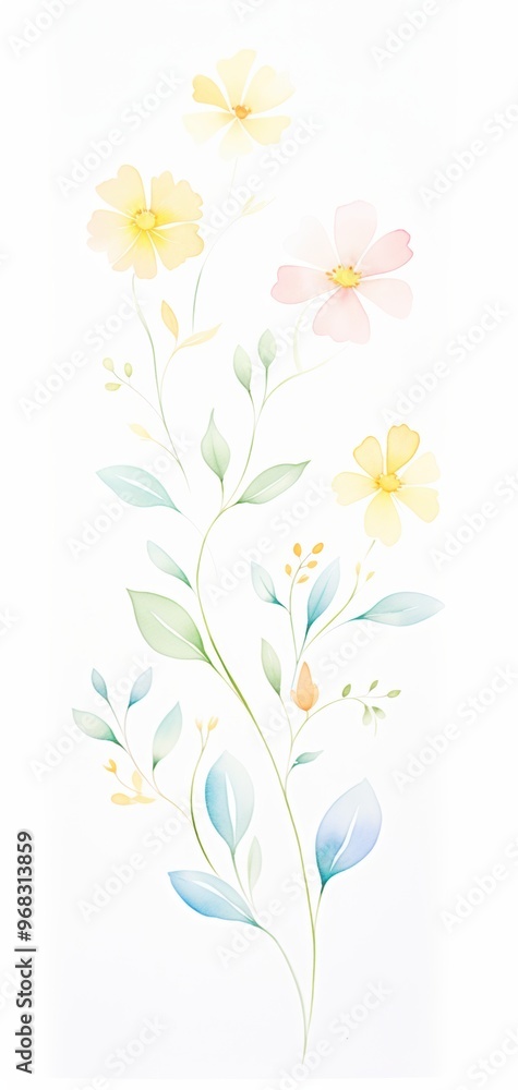 A delicate watercolor illustration of blooming flowers and lush leaves, perfect for nature-inspired design projects or decor. A delicate watercolor illustration of blooming flowers and lush leaves, perfect for nature-inspired design projects or decor.
