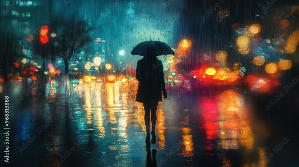 A person walking in the rain, their silhouette blurred by the downpour and distant lights. A person walking in the rain, their silhouette blurred by the downpour and distant lights.