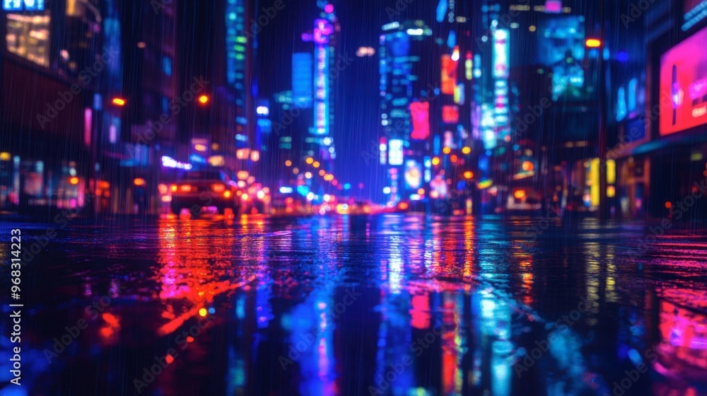 Obraz premium A rainy cityscape at night, with reflections of neon lights on the wet streets.