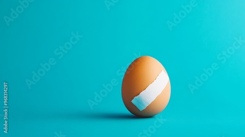 Brown egg with a bandage on turquoise