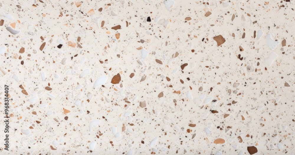 A textured surface featuring a mix of light colors and various small fragments, ideal for countertops or flooring.