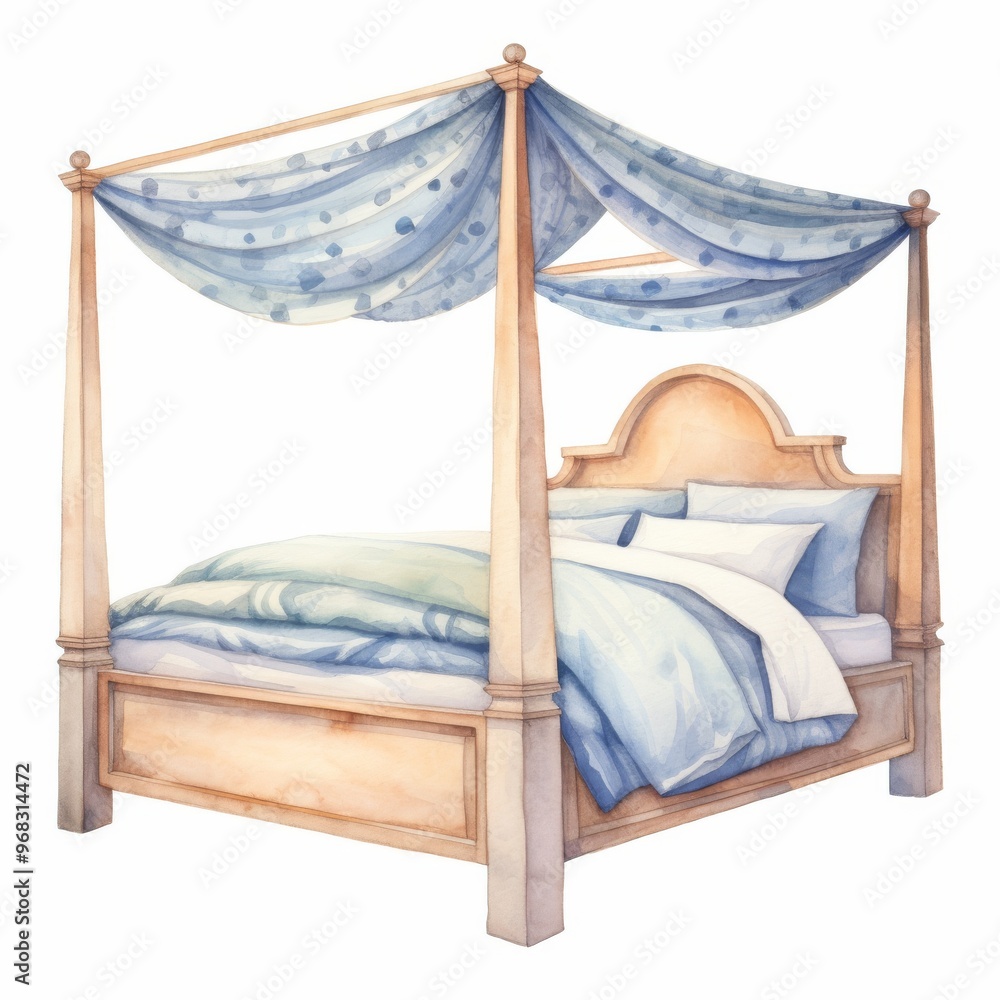 Cozy Four-Poster Bed Illustration with Blue Drapes and Bedding - Perfect for Home Decor and Interior Design Ideas Cozy Four-Poster Bed Illustration with Blue Drapes and Bedding - Perfect for Home Decor and Interior Design Ideas