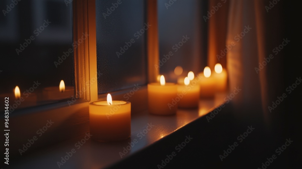 A row of candles lined up on a windowsill, their flames dancing gently as the wind rustles the curtains. A row of candles lined up on a windowsill, their flames dancing gently as the wind rustles the curtains.