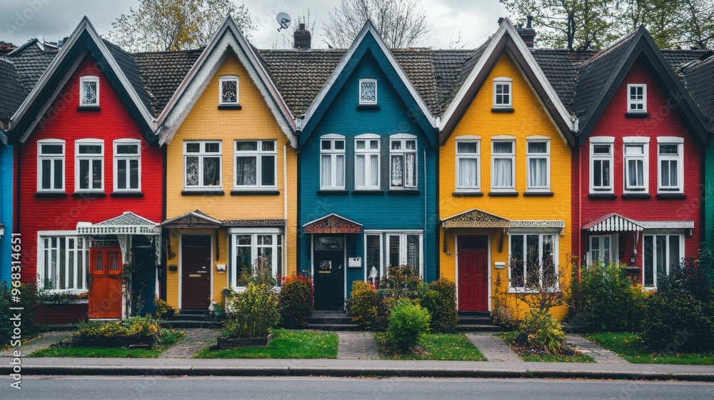 A row of colorful townhouses with unique architectural styles and small front gardens. A row of colorful townhouses with unique architectural styles and small front gardens.