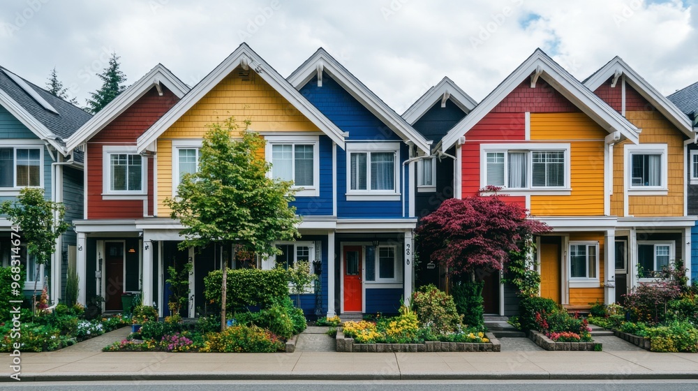 A row of colorful townhouses with unique architectural styles and small front gardens. A row of colorful townhouses with unique architectural styles and small front gardens.