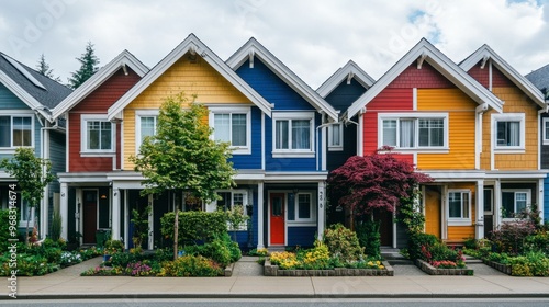 A row of colorful townhouses with unique architectural styles and small front gardens.