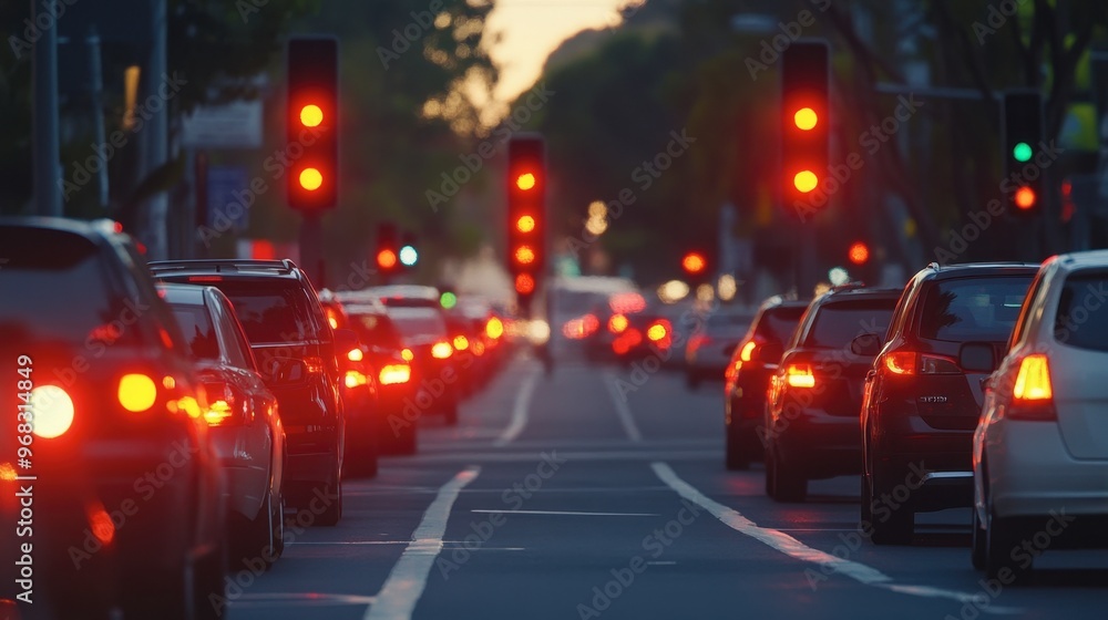 A row of traffic lights on a one-way street, all showing red as cars wait patiently. A row of traffic lights on a one-way street, all showing red as cars wait patiently.